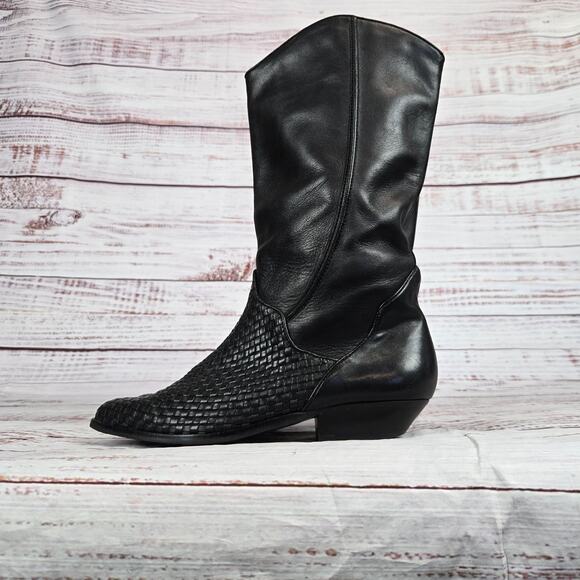 Architect Black Leather Ellis Boots Size 6.5M Pull on Woven Mixed Weave Western - Picture 2 of 10